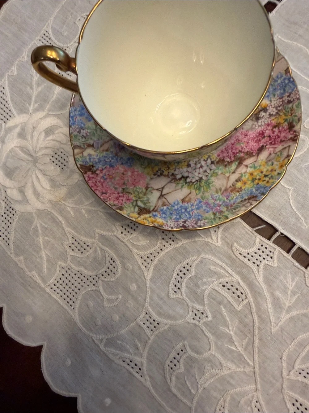 Floral Gold-Trim Porcelain Teacup and Saucer - Pink, Yellow, Blue